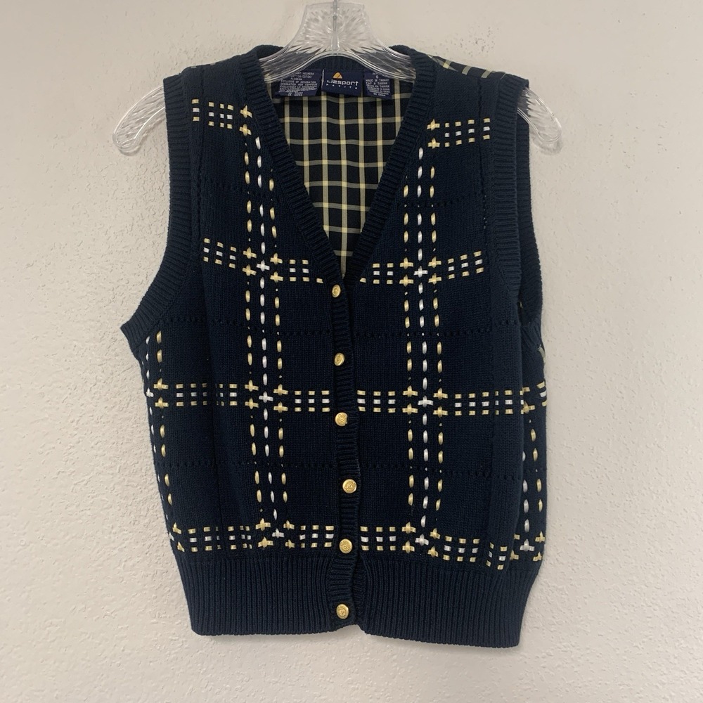 Liz Sport Petite Small Sweater Vest Cardigan Preppy Academia‎ Heritage Navy Twee